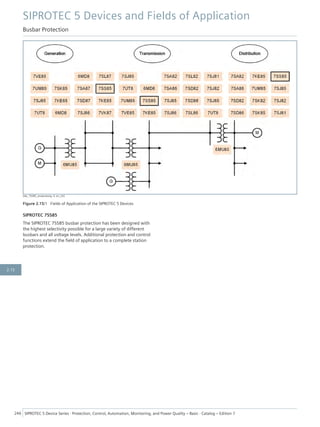 [dw_7SS85_anwendung, 4, en_US]
Figure 2.15/1 Fields of Application of the SIPROTEC 5 Devices
SIPROTEC 7SS85
The SIPROTEC 7SS85 busbar protection has been designed with
the highest selectivity possible for a large variety of different
busbars and all voltage levels. Additional protection and control
functions extend the field of application to a complete station
protection.
SIPROTEC 5 Devices and Fields of Application
Busbar Protection
246 SIPROTEC 5 Device Series ⋅ Protection, Control, Automation, Monitoring, and Power Quality – Basic ⋅ Catalog – Edition 7
2.15
 