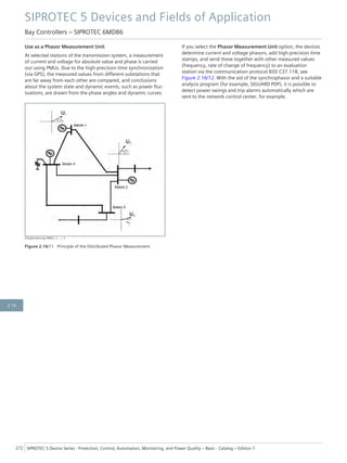 Use as a Phasor Measurement Unit
At selected stations of the transmission system, a measurement
of current and voltage for absolute value and phase is carried
out using PMUs. Due to the high-precision time synchronization
(via GPS), the measured values from different substations that
are far away from each other are compared, and conclusions
about the system state and dynamic events, such as power fluc-
tuations, are drawn from the phase angles and dynamic curves.
[Zeigermessung (PMU), 1, --_--]
Figure 2.16/11 Principle of the Distributed Phasor Measurement
If you select the Phasor Measurement Unit option, the devices
determine current and voltage phasors, add high-precision time
stamps, and send these together with other measured values
(frequency, rate of change of frequency) to an evaluation
station via the communication protocol IEEE C37.118, see
Figure 2.16/12. With the aid of the synchrophasor and a suitable
analysis program (for example, SIGUARD PDP), it is possible to
detect power swings and trip alarms automatically which are
sent to the network control center, for example.
SIPROTEC 5 Devices and Fields of Application
Bay Controllers – SIPROTEC 6MD86
272 SIPROTEC 5 Device Series ⋅ Protection, Control, Automation, Monitoring, and Power Quality – Basic ⋅ Catalog – Edition 7
2.16
 