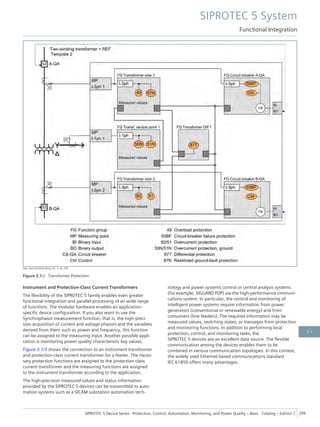 [dw_two-winding-temp_02, 3, en_US]
Figure 3.1/2 Transformer Protection
Instrument and Protection-Class Current Transformers
The flexibility of the SIPROTEC 5 family enables even greater
functional integration and parallel processing of an wide range
of functions. The modular hardware enables an application-
specific device configuration. If you also want to use the
Synchrophasor measurement function, that is, the high-preci-
sion acquisition of current and voltage phasors and the variables
derived from them such as power and frequency, this function
can be assigned to the measuring input. Another possible appli-
cation is monitoring power quality characteristic key values.
Figure 3.1/3 shows the connection to an instrument transformer
and protection-class current transformer for a feeder. The neces-
sary protection functions are assigned to the protection-class
current transformer and the measuring functions are assigned
to the instrument transformer according to the application.
The high-precision measured values and status information
provided by the SIPROTEC 5 devices can be transmitted to auto-
mation systems such as a SICAM substation automation tech-
nology and power systems control or central analysis systems
(for example, SIGUARD PDP) via the high-performance cimmuni-
cations system. In particular, the control and monitoring of
intelligent power systems require information from power
generators (conventional or renewable energy) and from
consumers (line feeders). The required information may be
measured values, switching states, or messages from protection
and monitoring functions. In addition to performing local
protection, control, and monitoring tasks, the
SIPROTEC 5 devices are an excellent data source. The flexible
communication among the devices enables them to be
combined in various communication topologies. In this context,
the widely used Ethernet-based communications standard
IEC 61850 offers many advantages.
SIPROTEC 5 System
Functional Integration
SIPROTEC 5 Device Series ⋅ Protection, Control, Automation, Monitoring, and Power Quality – Basic ⋅ Catalog – Edition 7 299
3.1
 