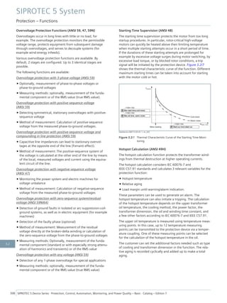 Overvoltage Protection Functions (ANSI 59, 47, 59N)
Overvoltages occur in long lines with little or no load, for
example. The overvoltage protection monitors the permissible
voltage range, protects equipment from subsequent damage
through overvoltages, and serves to decouple systems (for
example wind-energy infeeds).
Various overvoltage protection functions are available. By
default, 2 stages are configured. Up to 3 identical stages are
possible.
The following functions are available:
Overvoltage protection with 3-phase voltage (ANSI 59)
• Optionally, measurement of phase-to-phase voltages or
phase-to-ground voltages
• Measuring methods: optionally, measurement of the funda-
mental component or of the RMS value (true RMS value).
Overvoltage protection with positive-sequence voltage
(ANSI 59)
• Detecting symmetrical, stationary overvoltages with positive-
sequence voltage
• Method of measurement: Calculation of positive-sequence
voltage from the measured phase-to-ground voltages.
Overvoltage protection with positive-sequence voltage and
compounding in line protection (ANSI 59)
• Capacitive line impedances can lead to stationary overvol-
tages at the opposite end of the line (Ferranti effect).
• Method of measurement: The positive-sequence system of
the voltage is calculated at the other end of the line by means
of the local, measured voltages and current using the equiva-
lent circuit of the line.
Overvoltage protection with negative-sequence voltage
(ANSI 47)
• Monitoring the power system and electric machines for
voltage unbalance
• Method of measurement: Calculation of negative-sequence
voltage from the measured phase-to-ground voltages
Overvoltage protection with zero-sequence system/residual
voltage (ANSI 59N/64)
• Detection of ground faults in isolated or arc-suppression-coil-
ground systems, as well as in electric equipment (for example
machines)
• Detection of the faulty phase (optional)
• Method of measurement: Measurement of the residual
voltage directly at the broken-delta winding or calculation of
the zero-sequence voltage from the phase-to-ground voltages
• Measuring methods: Optionally, measurement of the funda-
mental component (standard or with especially strong attenu-
ation of harmonics and transients) or of the RMS value
Overvoltage protection with any voltage (ANSI 59)
• Detection of any 1-phase overvoltage for special applications
• Measuring methods: optionally, measurement of the funda-
mental component or of the RMS value (true RMS value)
Starting Time Supervision (ANSI 48)
The starting time supervision protects the motor from too long
startup procedures. In particular, rotor-critical high-voltage
motors can quickly be heated above their limiting temperature
when multiple starting attempts occur in a short period of time.
If the durations of these starting attempts are prolonged for
example by excessive voltage surges during motor switching, by
excessive load torque, or by blocked rotor conditions, a trip
signal will be initiated by the protection device. Figure 3.2/7
shows the thermal characteristic curve of the function. Different
maximum starting times can be taken into account for starting
with the motor cold or hot.
[dwtherms-200712-03.tif, 1, en_US]
Figure 3.2/7 Thermal Characteristic Curve of the Starting Time Moni-
toring
Hotspot Calculation (ANSI 49H)
The hotspot calculation function protects the transformer wind-
ings from thermal destruction at higher operating currents.
The hotspot calculation considers IEC 60076-7 and
IEEE C57.91 standards and calculates 3 relevant variables for the
protection function:
• Hotspot temperature
• Relative aging
• Load margin until warning/alarm indication.
These parameters can be used to generate an alarm. The
hotspot temperature can also initiate a tripping. The calculation
of the hotspot temperature depends on the upper transformer
oil temperature, the cooling method, the power factor, the
transformer dimension, the oil and winding time constant, and
a few other factors according to IEC 60076-7 and IEEE C57.91.
The upper oil temperature is measured using temperature meas-
uring points. In this case, up to 12 temperature measuring
points can be transmitted to the protection device via a temper-
ature coupling. One of these measuring points can be selected
for the calculation of the hotspot temperature in the oil.
The customer can set the additional factors needed such as type
of cooling and transformer dimension in the function. The rela-
tive aging is recorded cyclically and added up to make a total
aging.
SIPROTEC 5 System
Protection – Functions
308 SIPROTEC 5 Device Series ⋅ Protection, Control, Automation, Monitoring, and Power Quality – Basic ⋅ Catalog – Edition 7
3.2
 