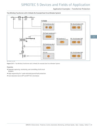 Two-Winding Transformer with 2 Infeeds (for Example Dual Circuit-Breaker System)
[dw_Trafo2, 4, en_US]
Figure 2.3/10 Two-Winding Transformer with 2 Infeeds (for example Dual Circuit-Breaker System)
Properties
• Separate capturing, monitoring, and controlling of all circuit
breakers
• High responsivity for 1-pole restricted ground-fault protection
• Cost reduction due to 87T and 87T N in one device
SIPROTEC 5 Devices and Fields of Application
Application Examples – Transformer Protection
SIPROTEC 5 Device Series ⋅ Protection, Control, Automation, Monitoring, and Power Quality – Basic ⋅ Catalog – Edition 7 33
2.3
 