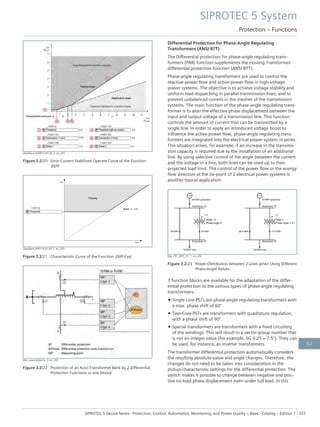 [dwdifaus-030912-01.tif, 2, en_US]
Figure 3.2/20 Error-Current Stabilized Operate Curve of the Function
Idiff
[dwidfast-300114-01.tif, 1, en_US]
Figure 3.2/21 Characteristic Curve of the Function Idiff-Fast
[dw_spartrafobank, 1, en_US]
Figure 3.2/22 Protection of an Auto-Transformer Bank by 2 Differential
Protection Functions in one Device
Differential Protection for Phase-Angle Regulating
Transformers (ANSI 87T)
The Differential protection for phase-angle regulating trans-
formers (PAR) function supplements the existing Transformer
differential protection function (ANSI 87T).
Phase-angle regulating transformers are used to control the
reactive-power flow and active-power flow in high-voltage
power systems. The objective is to achieve voltage stability and
uniform load dispatching in parallel transmission lines, and to
prevent unbalanced current in the meshes of the transmission
systems. The main function of the phase-angle regulating trans-
former is to alter the effective phase displacement between the
input and output voltage of a transmission line. This function
controls the amount of current that can be transmitted by a
single line. In order to apply an introduced voltage boost to
influence the active-power flow, phase-angle regulating trans-
formers are integrated into the electrical power system in series.
This situation arises, for example, if an increase in the transmis-
sion capacity is required due to the installation of an additional
line. By using selective control of the angle between the current
and the voltage in a line, both lines can be used up to their
projected load limit. The control of the power flow or the energy
flow direction at the tie-point of 2 electrical power systems is
another typical application.
[dw_PST_DIFF_01, 1, en_US]
Figure 3.2/23 Power Distribution between 2 Lines when Using Different
Phase-Angle Values
3 function blocks are available for the adaptation of the differ-
ential protection to the various types of phase-angle regulating
transformers:
• Single-core PSTs are phase-angle regulating transformers with
a max. phase shift of 60°.
• Two-Core PSTs are transformers with quadrature regulation,
with a phase shift of 90°.
• Special transformers are transformers with a fixed circuiting
of the windings. This will result in a vector-group number that
is not an integer value (for example, SG 0.25 = 7.5°). They can
be used, for instance, as inverter transformers.
The transformer differential protection automatically considers
the resulting absolute-value and angle changes. Therefore, the
changes do not need to be taken into consideration in the
pickup-characteristic settings for the differential protection. The
switch makes it possible to change between negative and posi-
tive no-load phase displacement even under full load. In this
SIPROTEC 5 System
Protection – Functions
SIPROTEC 5 Device Series ⋅ Protection, Control, Automation, Monitoring, and Power Quality – Basic ⋅ Catalog – Edition 7 323
3.2
 