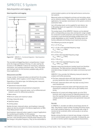 Data Acquisition and Logging
[dw_data, 4, en_US]
Figure 3.6/1 SIPROTEC 5 – Functional Integration – Data Acquisition
and Logging
The recorded and logged bay data is comprehensive. It repre-
sents the image and history of the bay. It is also used by the
functions in the SIPROTEC 5 device for monitoring, substation
automation, and multibay automation tasks. Thus, they repre-
sent the basis both for the functions available today and for
future applications.
Measurement and PMU
A large number of measured values are derived from the analog
input variables, which supply a current image of the process.
Depending on the device type, the following basic measured
values are available:
• Operational measured values
• Fundamental phasor and symmetrical components
• Protection-specific measured values, such as differential and
restraint current for differential protection
• Mean values
• Minimum values and maximum values
• Energy measured values
• Statistical values
• Limiting values
Besides the basic measured values, synchrophasor measured
values can also be activated in the devices (application as PMU,
Phase Measurement Unit)
Synchrophasor measured values support a range of applications
for monitoring grid stability. For this purpose,
SIPROTEC 5 devices aquire the necessary PMU data. These high-
precision, time-stamped phasors indicate power frequency and
the change in the power frequency. They can be transmitted to
central analysis systems via the high-performance communica-
tion systems.
Measured values are displayed as primary and secondary values
and as reference values. These values are also available for other
applications, for example, transmission to the systems control or
automation tasks.
Up to 40 analog inputs can be supplied for each device. Up
to 80 analog inputs are supported in the busbar protection
SIPROTEC 7SS85.
The analog inputs of the SIPROTEC 5 devices can be selected
with a corresponding accuracy class and dynamic range suitable
for connection to both protections and measurement cores. The
innovative current-terminal technology enables these to be
simply adaptedlater on-site if needed. All analog inputs are
factory-calibrated and thereby ensure maximum accuracy.
The following accuracies are typical:
• V, I ≤ 0.1% at frated
• V, I ≤ 0.3% in the expanded frequency range
(frated -10Hz, frated+10Hz)
• P ≤ 0.3% at frated
• P ≤ 0.5% in the expanded frequency range
(frated -10Hz, frated+10Hz)
• Q ≤ 1.0% at frated
• Q ≤ 1.5% in the expanded frequency range
(frated -10Hz, frated+10Hz)
Separate measuring transducers (analog inputs) are therefore
unnecessary. The high-precision measured data enables
extended energy management and makes commissioning much
easier.
SIPROTEC 5 thus provides the following measured values for
analysis and further processing:
• The basic measured values with high dynamic range and high
accuracy (protection-class current transformer)
• The basic measured values with very high accuracy (instru-
ment transformer)
• Synchrophasor measured values with high-precision time
stamping for subsequent tasks such as grid stability moni-
toring.
• Detection of current and voltage signals up to the 50 th
harmonic with a high accuracy for selected protection func-
tions (for example thermal overload protection, peak over-
voltage protection for capacitors) and operational measured
values.
Recorder
In SIPROTEC 5, recorders are able to record large volumes of
data. They feature a large number of analog and binary inputs,
and a high sampling frequency. An extremely wide range of
records can be converted, either continuously or via various
trigger criteria.
Besides storing the data on internal mass storage, a transmis-
sion to central analysis systems is possible. Consequently, you
are able to monitor systems regarding typical characteristics.
SIPROTEC 5 System
Data Acquisition and Logging
336 SIPROTEC 5 Device Series ⋅ Protection, Control, Automation, Monitoring, and Power Quality – Basic ⋅ Catalog – Edition 7
3.6
 