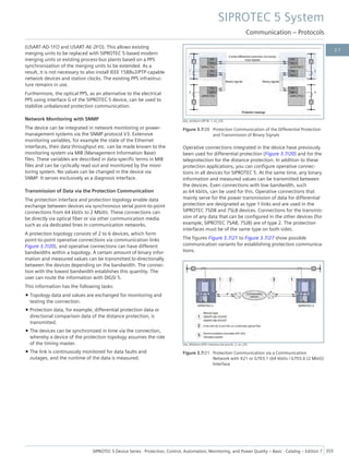 (USART-AD-1FO and USART-AE-2FO). This allows existing
merging units to be replaced with SIPROTEC 5-based modern
merging units or existing process-bus plants based on a PPS
synchronization of the merging units to be extended. As a
result, it is not necessary to also install IEEE 1588v2/PTP-capable
network devices and station clocks. The existing PPS infrastruc-
ture remains in use.
Furthermore, the optical PPS, as an alternative to the electrical
PPS using interface G of the SIPROTEC 5 device, can be used to
stabilize unbalanced protection communication.
Network Monitoring with SNMP
The device can be integrated in network monitoring or power-
management systems via the SNMP protocol V3. Extensive
monitoring variables, for example the state of the Ethernet
interfaces, their data throughput etc. can be made known to the
monitoring system via MIB (Management Information Base)
files. These variables are described in data-specific terms in MIB
files and can be cyclically read out and monitored by the moni-
toring system. No values can be changed in the device via
SNMP. It serves exclusively as a diagnosis interface.
Transmission of Data via the Protection Communication
The protection interface and protection topology enable data
exchange between devices via synchronous serial point-to-point
connections from 64 kbit/s to 2 Mbit/s. These connections can
be directly via optical fiber or via other communication media
such as via dedicated lines in communication networks.
A protection topology consists of 2 to 6 devices, which form
point-to-point operative connections via communication links
Figure 3.7/20), and operative connections can have different
bandwidths within a topology. A certain amount of binary infor-
mation and measured values can be transmitted bi-directionally
between the devices depending on the bandwidth. The connec-
tion with the lowest bandwidth establishes this quantity. The
user can route the information with DIGSI 5.
This information has the following tasks:
• Topology data and values are exchanged for monitoring and
testing the connection.
• Protection data, for example, differential protection data or
directional comparison data of the distance protection, is
transmitted.
• The devices can be synchronized in time via the connection,
whereby a device of the protection topology assumes the role
of the timing master.
• The link is continuously monitored for data faults and
outages, and the runtime of the data is measured.
[dw_wirkkom-diff-BI, 1, en_US]
Figure 3.7/20 Protection Communication of the Differential Protection
and Transmission of Binary Signals
Operative connections integrated in the device have previously
been used for differential protection (Figure 3.7/20) and for the
teleprotection for the distance protection. In addition to these
protection applications, you can configure operative connec-
tions in all devices for SIPROTEC 5. At the same time, any binary
information and measured values can be transmitted between
the devices. Even connections with low bandwidth, such
as 64 kbit/s, can be used for this. Operative connections that
mainly serve for the power transmission of data for differential
protection are designated as type 1 links and are used in the
SIPROTEC 7SD8 and 7SL8 devices. Connections for the transmis-
sion of any data that can be configured in the other devices (for
example, SIPROTEC 7SA8, 7SJ8) are of type 2. The protection
interfaces must be of the same type on both sides.
The figures Figure 3.7/21 to Figure 3.7/27 show possible
communication variants for establishing protection communica-
tions.
[dw_Wirkkom-IEEE-interface-lwl-anschl, 2, en_US]
Figure 3.7/21 Protection Communication via a Communication
Network with X21 or G703.1 (64 kbit/s / G703.6 (2 Mbit))
Interface
SIPROTEC 5 System
Communication – Protocols
SIPROTEC 5 Device Series ⋅ Protection, Control, Automation, Monitoring, and Power Quality – Basic ⋅ Catalog – Edition 7 355
3.7
 
