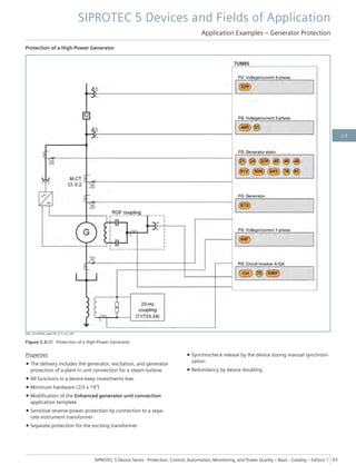 Protection of a High-Power Generator
[dw_simplified_appl-04_3, 3, en_US]
Figure 2.3/20 Protection of a High-Power Generator
Properties
• The delivery includes the generator, excitation, and generator
protection of a plant in unit connection for a steam turbine
• All functions in a device keep investments low.
• Minimum hardware (2/3 x 19")
• Modification of the Enhanced generator unit connection
application template
• Sensitive reverse-power protection by connection to a sepa-
rate instrument transformer
• Separate protection for the exciting transformer
• Synchrocheck release by the device during manual synchroni-
zation
• Redundancy by device doubling
SIPROTEC 5 Devices and Fields of Application
Application Examples – Generator Protection
SIPROTEC 5 Device Series ⋅ Protection, Control, Automation, Monitoring, and Power Quality – Basic ⋅ Catalog – Edition 7 43
2.3
 