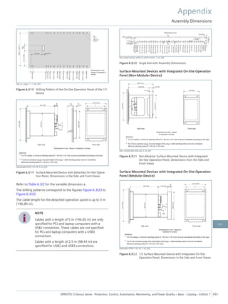 [dw_z1_osop_1-1, 1, en_US]
Figure 6.3/18 Drilling Pattern of the On-Site Operation Panel of the 1/1
Device
[dwosopab-070211-01.tif, 3, en_US]
Figure 6.3/19 Surface-Mounted Device with Detached On-Site Opera-
tion Panel, Dimensions in the Side and Front Views
Refer to Table 6.3/2 for the variable dimension a.
The drilling patterns correspond to the figures Figure 6.3/23 to
Figure 6.3/32.
The cable length for the detached operation panel is up to 5 m
(196.85 in).
i
i
NOTE
Cables with a length of 5 m (196.85 in) are only
specified for PCs and laptop computers with a
USB2 connection. These cables are not specified
for PCs and laptop computers with a USB3
connection.
Cables with a length of 2.5 m (98.43 in) are
specified for USB2 and USB3 connections.
[dw_angel-bracket_without_relief-cutouts, 1, en_US]
Figure 6.3/20 Angle Rail with Assembly Dimensions
Surface-Mounted Devices with Integrated On-Site Operation
Panel (Non-Modular Device)
[dw_console side view.vsd, 3, en_US]
Figure 6.3/21 Non-Modular Surface-Mounted Device with Integrated
On-Site Operation Panel, Dimensions from the Side and
Front Views
Surface-Mounted Devices with Integrated On-Site Operation
Panel (Modular Device)
[dwosopin-070211-01.tif, 3, en_US]
Figure 6.3/22 1/3 Surface-Mounted Device with Integrated On-Site
Operation Panel, Dimensions in the Side and Front Views
Appendix
Assembly Dimensions
SIPROTEC 5 Device Series ⋅ Protection, Control, Automation, Monitoring, and Power Quality – Basic ⋅ Catalog – Edition 7 433
6.3
 