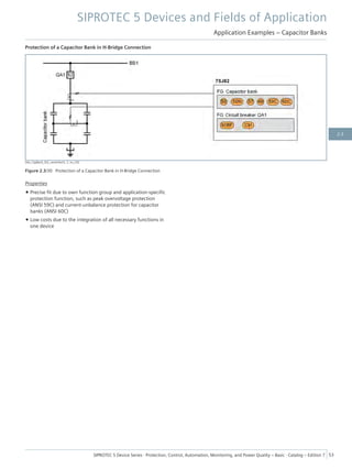 Protection of a Capacitor Bank in H-Bridge Connection
[dw_CapBank_SLE_vereinfacht, 2, en_US]
Figure 2.3/30 Protection of a Capacitor Bank in H-Bridge Connection
Properties
• Precise fit due to own function group and application-specific
protection function, such as peak overvoltage protection
(ANSI 59C) and current-unbalance protection for capacitor
banks (ANSI 60C)
• Low costs due to the integration of all necessary functions in
one device
SIPROTEC 5 Devices and Fields of Application
Application Examples – Capacitor Banks
SIPROTEC 5 Device Series ⋅ Protection, Control, Automation, Monitoring, and Power Quality – Basic ⋅ Catalog – Edition 7 53
2.3
 