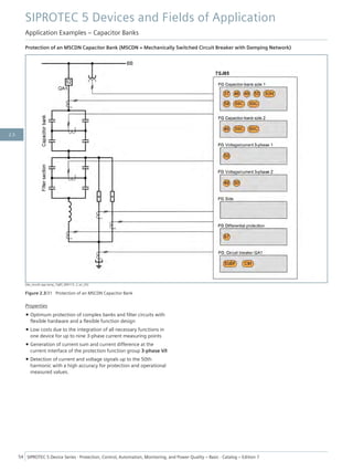 Protection of an MSCDN Capacitor Bank (MSCDN = Mechanically Switched Circuit Breaker with Damping Network)
[dw_mscdn-app-temp_7sj85_090115, 2, en_US]
Figure 2.3/31 Protection of an MSCDN Capacitor Bank
Properties
• Optimum protection of complex banks and filter circuits with
flexible hardware and a flexible function design
• Low costs due to the integration of all necessary functions in
one device for up to nine 3-phase current measuring points
• Generation of current sum and current difference at the
current interface of the protection function group 3-phase V/I
• Detection of current and voltage signals up to the 50th
harmonic with a high accuracy for protection and operational
measured values.
SIPROTEC 5 Devices and Fields of Application
Application Examples – Capacitor Banks
54 SIPROTEC 5 Device Series ⋅ Protection, Control, Automation, Monitoring, and Power Quality – Basic ⋅ Catalog – Edition 7
2.3
 
