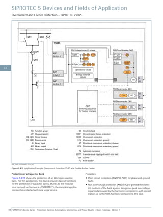 [dw_7SJ85_mit DoppelSS, 2, en_US]
Figure 2.4/9 Application Example: Overcurrent Protection 7SJ85 at a Double-Busbar Feeder
Protection of a Capacitor Bank
Figure 2.4/10 shows the protection of an H-bridge capacitor
bank. For this application, the device provides special functions
for the protection of capacitor banks. Thanks to the modular
structure and performance of SIPROTEC 5, the complete applica-
tion can be protected with one single device.
Properties:
• Short-circuit protection (ANSI 50, 50N) for phase and ground
faults
• Peak overvoltage protection (ANSI 59C) to protect the dielec-
tric medium of the bank against dangerous peak overvoltage,
in particular caused by the harmonic components with consid-
eration up to the 50th harmonic component. The peak
SIPROTEC 5 Devices and Fields of Application
Overcurrent and Feeder Protection – SIPROTEC 7SJ85
84 SIPROTEC 5 Device Series ⋅ Protection, Control, Automation, Monitoring, and Power Quality – Basic ⋅ Catalog – Edition 7
2.4
 