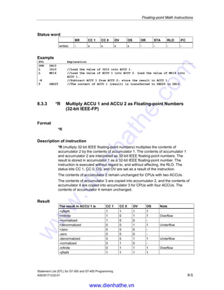 Floating-point Math Instructions
Statement List (STL) for S7-300 and S7-400 Programming
8-4 A5E00171232-01
Example
STL Explanation
OPN DB10
L ID10 //Load the value of ID10 into ACCU 1.
L MD14 //Load the value of ACCU 1 into ACCU 2. Load the value of MD14 into
ACCU 1.
+R //Add ACCU 2 and ACCU 1; store the result in ACCU 1.
T DBD25 //The content of ACCU 1 (result) is transferred to DBD25 in DB10.
8.3.2 -R Subtract ACCU 1 from ACCU 2 as a Floating-point Number
(32-bit IEEE-FP)
Format
-R
Description
-R (subtract 32-bit IEEE floating-point numbers) subtracts the contents of
accumulator 1 from the contents of accumulator 2 and stores the result in
accumulator 1. The contents of accumulator 1 and accumulator 2 are interpreted
as 32-bit IEEE floating-point numbers. The result is stored in accumulator 1. The
instruction is executed without regard to, and without affecting, the RLO. The
status bits CC 1, CC 0, OS, and OV are set as a function of the result of the
instruction.
The contents of accumulator 2 remain unchanged for CPUs with two ACCUs.
The contents of accumulator 3 are copied into accumulator 2, and the contents of
accumulator 4 are copied into accumulator 3 for CPUs with four ACCUs. The
contents of accumulator 4 remain unchanged.
Result
The result in ACCU 1 is CC 1 CC 0 OV OS Note
+qNaN 1 1 1 1
+infinite 1 0 1 1 Overflow
+normalized 1 0 0 -
+denormalized 0 0 1 1 Underflow
+zero 0 0 0 -
-zero 0 0 0 -
-denormalized 0 0 1 1 Underflow
-normalized 0 1 0 -
-infinite 0 1 1 1 Overflow
-qNaN 1 1 1 1
www.dienhathe.vn
www.dienhathe.com
 