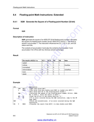 Floating-point Math Instructions
Statement List (STL) for S7-300 and S7-400 Programming
A5E00171232-01 8-7
Status word
BR CC 1 CC 0 OV OS OR STA RLO /FC
writes: - x x x x - - - -
Example
STL Explanation
OPN DB10
L ID10 //Load the value of ID10 into ACCU 1.
L MD14 //Load the contents of ACCU 1 into ACCU 2. Load the value of MD14 into
ACCU 1.
/R //Divide ACCU 2 by ACCU 1; store the result in ACCU 1.
T DBD20 //The content of ACCU 1 (result) is transferred to DBD20 in DB10.
8.3.5 ABS Absolute Value of a Floating-point Number (32-bit IEEE-FP)
Format
ABS
Description
ABS (absolute value of a 32-bit IEEE FP) produces the absolute value of a
floating-point number (32-bit IEEE floating-point number) in ACCU 1. The result is
stored in accumulator 1. The instruction is executed without regard to, and without
affecting, the status bits.
Status word
BR CC 1 CC 0 OV OS OR STA RLO /FC
writes: - - - - - - - - -
Example
STL Explanation
L ID8 //Load value into ACCU 1 (example: ID8 = -1.5E+02).
ABS //Form the absolute value; store the result in ACCU 1.
T MD10 //Transfer result to MD10 (example: result = 1.5E+02).
www.dienhathe.vn
www.dienhathe.com
 