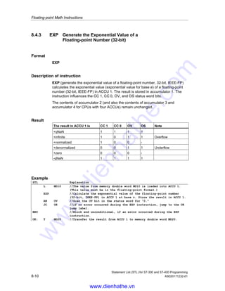 Floating-point Math Instructions
Statement List (STL) for S7-300 and S7-400 Programming
A5E00171232-01 8-9
8.4.2 SQRT Generate the Square Root of a
Floating-point Number (32-bit)
Format
SQRT
Description of instruction
SQRT (generate the square root of a 32-bit, IEEE-FP floating-point number)
calculates the square root of a floating-point number (32-bit, IEEE-FP) in ACCU 1.
The result is stored in accumulator 1. The input value must be greater than or
equal to zero. The result is then positive. Only exception the square root of -0 is -0.
The instruction influences the CC 1, CC 0, OV, and OS status word bits.
The contents of accumulator 2 (and also the contents of accumulator 3 and
accumulator 4 for CPUs with four ACCUs) remain unchanged.
Result
The result in ACCU 1 is CC 1 CC 0 OV OS Note
+qNaN 1 1 1 1
+infinite 1 0 1 1 Overflow
+normalized 1 0 0 -
+denormalized 0 0 1 1 Underflow
+zero 0 0 0 -
-zero 0 0 0 -
-qNaN 1 1 1 1
Example
STL Explanation
L MD10 //The value from memory double word MD10 is loaded into ACCU 1.
(This value must be in the floating-point format.)
SQRT //Calculate the square root of the floating-point number (32-bit,
IEEE-FP) in ACCU 1. Store the result in ACCU 1.
AN OV //Scan the OV bit in the status word for 0.
JC OK //If no error occurred during the SQRT instruction, jump to the OK
jump label.
BEU //Block end unconditional, if an error occurred during the SQRT
instruction.
OK: T MD20 //Transfer the result from ACCU 1 to memory double word MD20.
www.dienhathe.vn
www.dienhathe.com
 