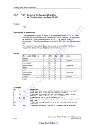 Floating-point Math Instructions
Statement List (STL) for S7-300 and S7-400 Programming
A5E00171232-01 8-13
8.4.6 COS Generate the Cosine of Angles
as Floating-point Numbers (32-bit)
Format
COS
Description of instruction
COS (generate the cosine of angles as floating-point numbers, 32-bit, IEEE-FP)
calculates the cosine of an angle specified as a radian measure. The angle must
be present as a floating-point number in ACCU 1. The result is stored in
accumulator 1. The instruction influences the CC 1, CC 0, OV, and OS status word
bits.
The contents of accumulator 2 (and the contents of accumulator 3 and accu-
mulator 4 for CPUs with four ACCUs) remain unchanged.
Result
The result in ACCU 1 is CC 1 CC 0 OV OS Note
+qNaN 1 1 1 1
+normalized 1 0 0 -
+denormalized 0 0 1 1 Overflow
+zero 0 0 0 -
-zero 0 0 0 -
-denormalized 0 0 1 1 Underflow
-normalized 0 1 0 -
-qNaN 1 1 1 1
Example
STL Explanation
L MD10 //The value from memory double word MD10 is loaded into ACCU 1. (This
value must be in the floating-point format.)
COS //Calculate the cosine of the floating-point number (32-bit, IEEE-FP) in
ACCU 1. Store the result in ACCU 1.
T MD20 //Transfer the result from ACCU 1 to memory double word MD20.
www.dienhathe.vn
www.dienhathe.com
 