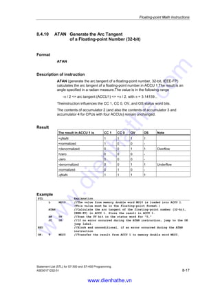 Floating-point Math Instructions
Statement List (STL) for S7-300 and S7-400 Programming
8-16 A5E00171232-01
8.4.9 ACOS Generate the Arc Cosine
of a Floating-point Number (32-bit)
Format
ACOS
Description of instruction
ACOS (generate the arc cosine of a floating-point number, 32-bit, IEEE-FP)
calculates the arc cosine of a floating-point number in ACCU 1. Permissible value
range for the input value
-1 = input value = +1
The result is an angle specified in a radian measure. The value is located in the
following range
0 = arc cosine (ACCU1) = π, with π = 3.14159...
The instruction influences the CC 1, CC 0, OV, and OS status word bits.
The contents of accumulator 2 (and the contents of accumulator 3 and accumulator
4 for CPUs with four ACCUs) remain unchanged.
Result
The result in ACCU 1 is CC 1 CC 0 OV OS Note
+qNaN 1 1 1 1
+normalized 1 0 0 -
+denormalized 0 0 1 1 Overflow
+zero 0 0 0 -
-zero 0 0 0 -
-denormalized 0 0 1 1 Underflow
-normalized 0 1 0 -
-qNaN 1 1 1 1
Example
STL Explanation
L MD10 //The value from memory double word MD10 is loaded into ACCU 1.
(This value must be in the floating-point format.)
ACOS //Calculate the arc cosine of the floating-point number (32-bit,
IEEE-FP) in ACCU 1. Store the result in ACCU 1.
AN OV //Scan the OV bit in the status word for 0.
JC OK //If no error occurred during the ACOS instruction, jump to the OK
jump label.
BEU //Block end unconditional, if an error occurred during the ACOS
instruction.
OK: T MD20 //Transfer the result from ACCU 1 to memory double word MD20.
www.dienhathe.vn
www.dienhathe.com
 