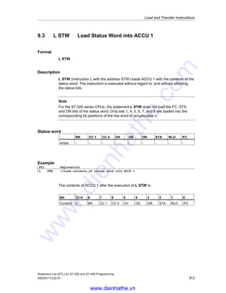 Load and Transfer Instructions
Statement List (STL) for S7-300 and S7-400 Programming
9-2 A5E00171232-01
9.2 L Load
Format
L address
Address Data type Memory area Source address
address BYTE
WORD
DWORD
E, A, PE, M, L, D, Pointer, Parameter 0...65535
0...65534
0...65532
Description
L address loads the addressed byte, word, or double word into ACCU 1 after
the old contents of ACCU 1 have been saved into ACCU 2, and ACCU 1 is reset to
0.
Status word
BR CC 1 CC 0 OV OS OR STA RLO /FC
writes: - - - - - - - - -
Examples
STL Explanation
L IB10 //Load input byte IB10 into ACCU 1-L-L.
L MB120 //Load memory byte MB120 into ACCU 1-L-L.
L DBB12 //Load data byte DBB12 into ACCU 1-L-L.
L DIW15 //Load instance data word DIW15 into ACCU 1-L.
L LD252 //Load local data double word LD252 ACCU 1.
L P# I 8.7 //Load the pointer into ACCU 1.
L OTTO //Load the parameter OTTO into ACCU 1.
L P# ANNA //Load the pointer to the specified parameter in ACCU 1. (This
instruction loads the relative address offset of the specified
parameter. To calculate the absolute offset in the instance data block
in multiple instance FBs, the contents of the AR2 register must be added
to this value.
Contents of ACCU 1
Contents of ACCU 1 ACCU1-H-H ACCU1-H-L ACCU1-L-H ACCU1-L-L
before execution of load instruction XXXXXXXX XXXXXXXX XXXXXXXX XXXXXXXX
after execution of L MB10 (L Byte) 00000000 00000000 00000000 MB10
after execution of L MW10 (L word) 00000000 00000000 MB10 MB11
after execution of L MD10
(L double word)
MB10 MB11 MB12 MB13
after execution of L P# ANNA (in FB) 86 Bit offset of ANNA relative to the FB start.
To calculate the absolute offset in the instance
data block in multiple instance FBs, the
contents of the AR2 register must be added to
this value.
after execution of L P# ANNA (in FC) An area-crossing address of the data which is transferred to
ANNA
X = 1 or 0
www.dienhathe.vn
www.dienhathe.com
 