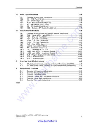 Contents
Statement List (STL) for S7-300 and S7-400 Programming
A5E00171232-01 xi
13 Word Logic Instructions 13-1
13.1 Overview of Word Logic Instructions ..............................................................13-1
13.2 AW AND Word (16-bit).................................................................................13-2
13.3 OW OR Word (16-bit)...................................................................................13-3
13.4 XOW Exclusive OR Word (16-bit)................................................................13-4
13.5 AD AND Double Word (32-bit) .....................................................................13-6
13.6 OD OR Double Word (32-bit).......................................................................13-7
13.7 XOD Exclusive OR Double Word (32-bit) ....................................................13-8
14 Accumulator Instructions 14-1
14.1 Overview of Accumulator and Address Register Instructions.........................14-1
14.2 TAK Toggle ACCU 1 with ACCU 2 ..............................................................14-2
14.3 POP CPU with Two ACCUs.........................................................................14-3
14.4 POP CPU with Four ACCUs ........................................................................14-4
14.5 PUSH CPU with Two ACCUs ......................................................................14-5
14.6 PUSH CPU with Four ACCUs......................................................................14-6
14.7 ENT Enter ACCU Stack ...............................................................................14-7
14.8 LEAVE Leave ACCU Stack .........................................................................14-7
14.9 INC Increment ACCU 1-L-L .........................................................................14-8
14.10 DEC Decrement ACCU 1-L-L ......................................................................14-9
14.11 +AR1 Add ACCU 1 to Address Register 1.................................................14-10
14.12 +AR2 Add ACCU 1 to Address Register 2.................................................14-11
14.13 BLD Program Display Instruction (Null) .....................................................14-12
14.14 NOP 0 Null Instruction................................................................................14-13
14.15 NOP 1 Null Instruction................................................................................14-13
A Overview of All STL Instructions A-1
A.1 STL Instructions Sorted According to German Mnemonics (SIMATIC)........... A-1
A.2 STL Instructions Sorted According to English Mnemonics (International)....... A-6
B Programming Examples B-1
B.1 Overview of Programming Examples............................................................... B-1
B.2 Example: Bit Logic Instructions........................................................................ B-2
B.3 Example: Timer Instructions............................................................................. B-5
B.4 Example: Counter and Comparison Instructions ............................................. B-8
B.5 Example: Integer Math Instructions ............................................................... B-10
B.6 Example: Word Logic Instructions ................................................................. B-11
Index
www.dienhathe.vn
www.dienhathe.com
 