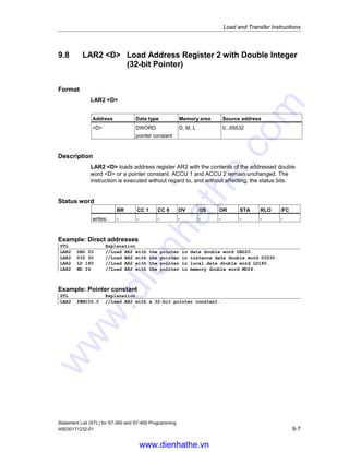 Load and Transfer Instructions
Statement List (STL) for S7-300 and S7-400 Programming
9-6 A5E00171232-01
9.6 LAR1 AR2 Load Address Register 1 from
Address Register 2
Format
LAR1 AR2
Description
LAR1 AR2 (instruction LAR1 with the address AR2) loads address register AR1
with the contents of address register AR2. ACCU 1 and ACCU 2 remain
unchanged. The instruction is executed without regard to, and without affecting, the
status bits.
Status word
BR CC 1 CC 0 OV OS OR STA RLO /FC
writes: - - - - - - - - -
9.7 LAR2 Load Address Register 2 from ACCU 1
Format
LAR2
Description
LAR2 loads address register AR2 with the contents ACCU 1 (32-bit pointer).
ACCU 1 and ACCU 2 remain unchanged. The instruction is executed without
regard to, and without affecting, the status bits.
Status word
BR CC 1 CC 0 OV OS OR STA RLO /FC
writes: - - - - - - - - -
www.dienhathe.vn
www.dienhathe.com
 