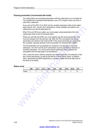 Program Control Instructions
Statement List (STL) for S7-300 and S7-400 Programming
A5E00171232-01 10-5
10.5 CALL Block Call
Format
CALL logic block identifier
Description
CALL logic block identifier is used to call functions (FCs) or function blocks
(FBs), system functions (SFCs) or system function blocks (SFBs) or to call the
standard pre-programmed blocks shipped by Siemens. The CALL instruction calls
the FC and SFC or the FB and SFB that you input as an address, independent of
the RLO or any other condition. If you call an FB or SFB with CALL, you must
provide the block with an associated instance DB. The calling block program
continues logic processing after the called block is processed. The address for the
logic block can be specified absolutely or symbolically. Register contents are
restored after an SFB/SFC call.
Example: CALL FB1, DB1 or CALL FILLVAT1, RECIPE1
Logic Block Block Type Absolute Address Call
Syntax
FC Function CALL FCn
SFC System function CALL SFCn
FB Function block CALL FBn1,DBn2
SFB System function block CALL SFBn1,DBn2
Note
When you use the STL Editor, the references (n, n1, and n2) in the table above
must refer to valid existing blocks. Likewise, symbolic names must be defined prior
to use.
www.dienhathe.vn
www.dienhathe.com
 