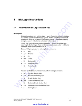 Statement List (STL) for S7-300 and S7-400 Programming
A5E00171232-01 1-1
1 Bit Logic Instructions
1.1 Overview of Bit Logic Instructions
Description
Bit logic instructions work with two digits, 1 and 0. These two digits form the base
of a number system called the binary system. The two digits 1 and 0 are called
binary digits or bits. In the world of contacts and coils, a 1 indicates activated or
energized, and a 0 indicates not activated or not energized.
The bit logic instructions interpret signal states of 1 and 0 and combine them
according to Boolean logic. These combinations produce a result of 1 or 0 that is
called the “result of logic operation” (RLO).
Boolean bit logic applies to the following basic instructions:
• A And
• AN And Not
• O Or
• ON Or Not
• X Exclusive Or
• XN Exclusive Or Not
• O And before Or
You can use the following instructions to perform nesting expressions:
• A( And with Nesting Open
• AN( And Not with Nesting Open
• O( Or with Nesting Open
• ON( Or Not with Nesting Open
• X( Exclusive Or with Nesting Open
• XN( Exclusive Or Not with Nesting Open
• ) Nesting Closed
www.dienhathe.vn
www.dienhathe.com
 