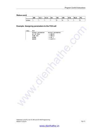 Program Control Instructions
Statement List (STL) for S7-300 and S7-400 Programming
10-10 A5E00171232-01
10.7 Call FC
Format
CALL FC n
Note
If you are working in the STL Editor, the reference (n) must relate to existing valid
blocks. You must also define the symbolic names prior to use.
Description
This instruction is intended to call functions (FCs). The CALL instruction calls the
FC that you entered as address, independent of the RLO or other conditions. After
processing the called block, processing continues with the program for the calling
block. The address for the logic block can be specified absolutely or symbolically.
Passing parameters (incremental edit mode)
The calling block can exchange parameters with the called block via the variable
list. The variable list is extended automatically in your Statement List program
when you enter a valid CALL instruction.
If you call a function and the variable declaration table of the called block has IN,
OUT, and IN_OUT declarations, these variables are added in the program for the
calling block as a list of formal parameters.
When calling the function, you must assign actual parameters in the calling logic
block to the formal parameters.
The IN parameters can be specified as constants or as absolute or symbolic
addresses. The OUT and IN_OUT parameters must be specified as absolute or
symbolic addresses. You must ensure that all addresses and constants are
compatible with the data types to be transferred.
CALL saves the return address (selector and relative address), the selectors of the
two open data blocks, and the MA bit in the B (block) stack. In addition, CALL
deactivates the MCR dependency, and then creates the local data area of the
block to be called.
www.dienhathe.vn
www.dienhathe.com
 