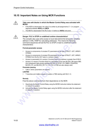 Program Control Instructions
Statement List (STL) for S7-300 and S7-400 Programming
A5E00171232-01 10-19
MCR( - Begin MCR Area, )MCR - End MCR Area
The MCR is controlled by a stack one bit wide and eight bits deep. The MCR is
energized as long as all eight entries are equal to 1. The MCR( instruction copies
the RLO bit into the MCR stack. The )MCR instruction removes the last entry from
the stack and sets the vacated position to 1. MCR( and )MCR instructions must
always be used in pairs. A fault, that is, if there are more than eight consecutive
MCR( instructions or an attempt is made to execute an )MCR instruction when the
MCR stack is empty, triggers the MCRF error message.
MCRA - Activate MCR Area, MCRD - Deactivate MCR Area
MCRA and MCRD must always be used in pairs. Instructions programmed
between MCRA and MCRD are dependent on the state of the MCR bit. The
instructions that are programmed outside a MCRA-MCRD sequence are not
dependent on the MCR bit state.
You must program the MCR dependency of functions (FCs) and function blocks
(FBs) in the blocks themselves by using the MCRA instruction in the called block.
www.dienhathe.vn
www.dienhathe.com
 