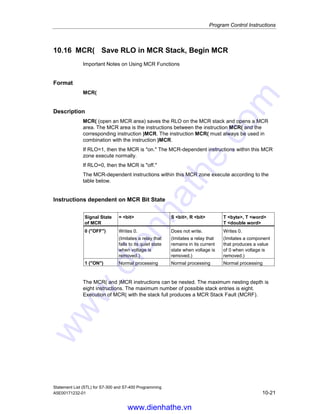 Program Control Instructions
Statement List (STL) for S7-300 and S7-400 Programming
10-20 A5E00171232-01
10.15 Important Notes on Using MCR Functions
! Take care with blocks in which the Master Control Relay was activated with
MCRA
• If the MCR is deactivated, the value 0 is written by all assignments (T, =) in program
segments between MCR( and )MCR.
• The MCR is deactivated if the RLO was = 0 before an MCR( instruction.
! Danger: PLC in STOP or undefined runtime characteristics!
The compiler also uses write access to local data behind the temporary variables
defined in VAR_TEMP for calculating addresses. This means the following
command sequences will set the PLC to STOP or lead to undefined runtime
characteristics:
Formal parameter access
• Access to components of complex FC parameters of the type STRUCT, UDT, ARRAY,
STRING
• Access to components of complex FB parameters of the type STRUCT, UDT, ARRAY,
STRING from the IN_OUT area in a version 2 block.
• Access to parameters of a version 2 function block if its address is greater than 8180.0.
• Access in a version 2 function block to a parameter of the type BLOCK_DB opens DB0.
Any subsequent data access switches the CPU to STOP. For TIMER, COUNTER,
BLOCK_FC, and BLOCK_FB T 0, C 0, FC0, or FB0 are also always used.
Parameter passing
• Calls in which parameters are passed.
LAD/FBD
• T branches and midline outputs in Ladder or FBD starting with RLO = 0.
Remedy
Free the above commands from their dependence on the MCR:
1. Deactivate the Master Control Relay using the MCRD instruction before the statement
or network in question.
2. Activate the Master Control Relay again using the MCRA instruction after the statement
or network in question.
www.dienhathe.vn
www.dienhathe.com
 