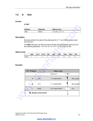 Bit Logic Instructions
Statement List (STL) for S7-300 and S7-400 Programming
A5E00171232-01 1-3
1.2 A And
Format
A <Bit>
Address Data type Memory area
<Bit> BOOL I, Q, M, L, D, T, C
Description
A checks whether the state of the addressed bit is "1", and ANDs the test result
with the RLO.
The AND instruction can also be used to directly check the status word by use of
the following addresses: ==0, <>0, >0, <0, >=0, <=0, OV, OS, UO, BR.
Status word
BR CC 1 CC 0 OV OS OR STA RLO /FC
writes: - - - - - x x x 1
Example
Relay LogicSTL Program
A I 1.0
A I 1.1
= Q 4.0
Power rail
I 1.0 signal state 1
I 1.1 signal state 1
Q 4.0 signal state 1
Displays closed switch
NO contact
NC contact
Coil
www.dienhathe.vn
www.dienhathe.com
 