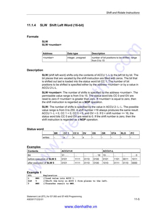 Shift and Rotate Instructions
Statement List (STL) for S7-300 and S7-400 Programming
11-4 A5E00171232-01
Examples
Contents ACCU1-H ACCU1-L
Bit 31 . . . . . . . . . . 16 15 . . . . . . . . . . 0
before execution of SSD 7 1000 1111 0110 0100 0101 1101 0011 1011
after execution of SSD 7 1111 1111 0001 1110 1100 1000 1011 1010
Example 1
STL Explanation
L MD4 //Load value into ACCU 1.
SSD 7 //Shift bits in ACCU 1 seven places to the right, according to the sign.
T MD8 //Transfer result to MD8.
Example 2
STL Explanation
L +3 //Load value +3 into ACCU 1.
L MD20 //Load contents of ACCU 1 into ACCU 2. Load value of MD20 into ACCU 1.
SSD //Shift number is value of ACCU 2- L- L = Shift bits with sign in ACCU 1
three places to the right, fill free places with state of sign bit.
JP NEXT //Jump to NEXT jump label if the bit shifted out last ( CC 1) = 1.
www.dienhathe.vn
www.dienhathe.com
 