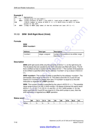 Shift and Rotate Instructions
Statement List (STL) for S7-300 and S7-400 Programming
A5E00171232-01 11-5
11.1.4 SLW Shift Left Word (16-bit)
Formate
SLW
SLW number
Address Data type Description
number integer, unsigned number of bit positions to be shifted, range
from 0 to 15
Description
SLW (shift left word) shifts only the contents of ACCU 1- L to the left bit by bit. The
bit places that are vacated by the shift instruction are filled with zeros. The bit that
is shifted out last is loaded into the status word bit CC 1. The number of bit
positions to be shifted is specified either by the address number or by a value in
ACCU 2-L-L.
SLW number: The number of shifts is specified by the address number. The
permissible value range is from 0 to 15. The status word bits CC 0 and OV are
reset to zero if number is greater than zero. If number is equal to zero, then
the shift instruction is regarded as a NOP operation.
SLW: The number of shifts is specified by the value in ACCU 2- L- L. The possible
value range is from 0 to 255. A shift number 16 always produces the same result:
ACCU 1- L = 0, CC 1 = 0, CC 0 = 0, and OV = 0. If 0  shift number = 16, the
status word bits CC 0 and OV are reset to 0. If the shift number is zero, then the
shift instruction is regarded as a NOP operation.
Status word
BR CC 1 CC 0 OV OS OR STA RLO /FC
writes: - x x x - - - - -
Examples
Contents ACCU1-H ACCU1-L
Bit 31 . . . . . . . . . . 16 15 . . . . . . . . . . 0
before execution of SLW 5 0101 1111 0110 0100 0101 1101 0011 1011
after execution of SLW 5 0101 1111 0110 0100 1010 0111 0110 0000
Example 1
STL Explanation
L MW4 //Load value into ACCU 1.
SLW 5 //Shift the bits in ACCU 1 five places to the left.
T MW8 //Transfer result to MW8.
www.dienhathe.vn
www.dienhathe.com
 