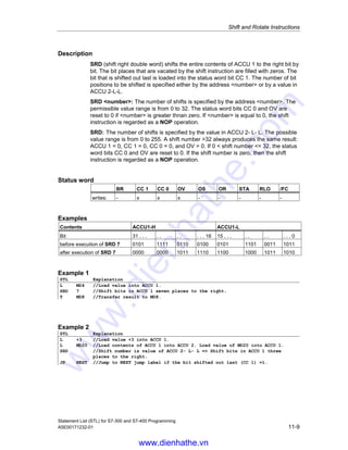 Shift and Rotate Instructions
Statement List (STL) for S7-300 and S7-400 Programming
11-8 A5E00171232-01
SLD: The number of shifts is specified by the value in ACCU 2- L- L. The possible
value range is from 0 to 255. A shift number 32 always produces the same result:
ACCU 1 = 0, CC 1 = 0, CC 0 = 0, and OV = 0. If 0  shift number = 32, the status
word bits CC 0 and OV are reset to 0. If the shift number is zero, then the shift
instruction is regarded as a NOP operation.
Status word
BR CC 1 CC 0 OV OS OR STA RLO /FC
writes: - x x x - - - - -
Examples
Contents ACCU1-H ACCU1-L
Bit 31 . . . . . . . . . . 16 15 . . . . . . . . . . 0
before execution of SLD 5 0101 1111 0110 0100 0101 1101 0011 1011
after execution of SLD 5 1110 1100 1000 1011 1010 0111 0110 0000
Example 1
STL Explanation
L MD4 //Load value into ACCU 1.
SLD 5 //Shift bits in ACCU 1 five places to the left.
T MD8 //Transfer result to MD8.
Example 2
STL Explanation
L +3 //Load value +3 into ACCU 1.
L MD20 //Load the contents of ACCU 1 into ACCU 2. Load value of MD20 into ACCU 1.
SLD //Shift number is value of ACCU 2- L- L = Shift bits in ACCU 1 three
places to the left.
JP NEXT //Jump to NEXT jump label if the bit shifted out last (CC 1) = 1.
11.1.7 SRD Shift Right Double Word (32-bit)
Formate
SRD
SRD number
Address Data type Description
number integer, unsigned number of bit positions to be shifted, range
from 0 to 32
www.dienhathe.vn
www.dienhathe.com
 