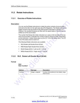 Shift and Rotate Instructions
Statement List (STL) for S7-300 and S7-400 Programming
A5E00171232-01 11-9
Description
SRD (shift right double word) shifts the entire contents of ACCU 1 to the right bit by
bit. The bit places that are vacated by the shift instruction are filled with zeros. The
bit that is shifted out last is loaded into the status word bit CC 1. The number of bit
positions to be shifted is specified either by the address number or by a value in
ACCU 2-L-L.
SRD number: The number of shifts is specified by the address number. The
permissible value range is from 0 to 32. The status word bits CC 0 and OV are
reset to 0 if number is greater thnan zero. If number is equal to 0, the shift
instruction is regarded as a NOP operation.
SRD: The number of shifts is specified by the value in ACCU 2- L- L. The possible
value range is from 0 to 255. A shift number 32 always produces the same result:
ACCU 1 = 0, CC 1 = 0, CC 0 = 0, and OV = 0. If 0  shift number = 32, the status
word bits CC 0 and OV are reset to 0. If the shift number is zero, then the shift
instruction is regarded as a NOP operation.
Status word
BR CC 1 CC 0 OV OS OR STA RLO /FC
writes: - x x x - - - - -
Examples
Contents ACCU1-H ACCU1-L
Bit 31 . . . . . . . . . . 16 15 . . . . . . . . . . 0
before execution of SRD 7 0101 1111 0110 0100 0101 1101 0011 1011
after execution of SRD 7 0000 0000 1011 1110 1100 1000 1011 1010
Example 1
STL Explanation
L MD4 //Load value into ACCU 1.
SRD 7 //Shift bits in ACCU 1 seven places to the right.
T MD8 //Transfer result to MD8.
Example 2
STL Explanation
L +3 //Load value +3 into ACCU 1.
L MD20 //Load contents of ACCU 1 into ACCU 2. Load value of MD20 into ACCU 1.
SRD //Shift number is value of ACCU 2- L- L = Shift bits in ACCU 1 three
places to the right.
JP NEXT //Jump to NEXT jump label if the bit shifted out last (CC 1) =1.
www.dienhathe.vn
www.dienhathe.com
 