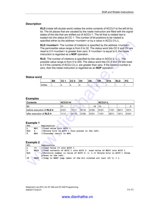 Shift and Rotate Instructions
Statement List (STL) for S7-300 and S7-400 Programming
11-10 A5E00171232-01
11.2 Rotate Instructions
11.2.1 Overview of Rotate Instructions
Description
You can use the Rotate instructions to rotate the entire contents of accumulator 1
bit by bit to the left or to the right (see also CPU Registers). The Rotate instructions
trigger functions that are similar to the shift functions described in Section 14.1.
However, the vacated bit places are filled with the signal states of the bits that are
shifted out of the accumulator.
The number that follows the rotate instruction or a value in the low byte of the low
word of accumulator 2 indicates the number of bits by which to rotate. Depending
on the instruction, rotation takes place via the CC 1 bit of the status word. The CC
0 bit of the status word is reset to 0.
The following Rotate instructions are available:
• RLD Rotate Left Double Word (32-bit)
• RRD Rotate Right Double Word (32-bit)
• RLDA Rotate ACCU 1 Left via CC 1 (32-bit)
• RRDA Rotate ACCU 1 Right via CC 1 (32-bit)
11.2.2 RLD Rotate Left Double Word (32-bit)
Format
RLD
RLD number
Address Data type Description
number integer, unsigned number of bit positions to be rotated, range
from 0 to 32
www.dienhathe.vn
www.dienhathe.com
 