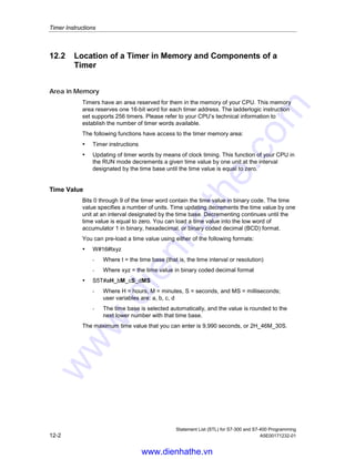 Statement List (STL) for S7-300 and S7-400 Programming
A5E00171232-01 12-1
12 Timer Instructions
12.1 Overview of Timer Instructions
Description
You can find information for setting and selecting the correct time under Location of
a Timer in Memory and components of a Timer.
The following timer instructions are available:
• FR Enable Timer (Free)
• L Load Current Timer Value into ACCU 1 as Integer
• LC Load Current Timer Value into ACCU 1 as BCD
• R Reset Timer
• SD On-Delay Timer
• SE Extended Pulse Timer
• SF Off-Delay Timer
• SP Pulse Timer
• SS Retentive On-Delay Timer
www.dienhathe.vn
www.dienhathe.com
 