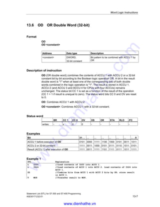 Word Logic Instructions
Statement List (STL) for S7-300 and S7-400 Programming
13-6 A5E00171232-01
13.5 AD AND Double Word (32-bit)
Format
AD
AD constant
Address Data type Description
constant DWORD,
32-bit constant
Bit pattern to be combined with ACCU 1 by
AND
Description of instruction
AD (AND double word) combines the contents of ACCU 1 with ACCU 2 or a 32-bit
constant bit by bit according to the Boolean logic operation AND. A bit in the result
double word is 1 only when the corresponding bits of both double words
combined in the logic operation are 1. The result is stored in ACCU 1. ACCU 2
(and ACCU 3 and ACCU 4 for CPU’s with four ACCUs) remains unchanged. The
status bit CC 1 is set as a result of the operation (CC 1 = 1 if result is unequal to
zero). The status word bits CC 0 and OV are reset to 0.
AD: Combines ACCU 1 with ACCU 2.
AD constant: Combines ACCU 1 with a 32-bit constant.
Status word
BR CC 1 CC 0 OV OS OR STA RLO /FC
writes: - x 0 0 - - - - -
Examples
Bit 31 . . . . . . . . . . . . . . . . . 0
ACCU 1 before execution of UD 0101 0000 1111 1100 1000 1001 0011 1011
ACCU 2 or 32-bit constante 1111 0011 1000 0101 0111 0110 1011 0101
Result (ACCU 1) after execution of UD 0101 0000 1000 0100 0000 0000 0011 0001
Example 1
STL Explanation
L ID20 //Load contents of ID20 into ACCU 1.
L ID24 //Load contents of ACCU 1 into ACCU 2. Load contents of ID24 into ACCU 1.
AD //Combine bits from ACCU 1 with ACCU 2 by AND, store result in ACCU 1.
T MD8 //Transfer result to MD8.
Example 2
STL Explanation
L ID 20 //Load contents of ID20 into ACCU 1.
AD DW#16#0FFF_EF21 //Combine bits of ACCU 1 with bit pattern of 32-bit constant
(0000_1111_1111_1111_1110_1111_0010_0001) by AND; store
result in ACCU 1.
JP NEXT //Jump to NEXT jump label if result is unequal to zero,
(CC 1 = 1).
www.dienhathe.vn
www.dienhathe.com
 