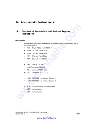 Word Logic Instructions
Statement List (STL) for S7-300 and S7-400 Programming
13-10 A5E00171232-01
www.dienhathe.vn
www.dienhathe.com
 