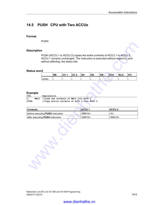 Accumulator Instructions
Statement List (STL) for S7-300 and S7-400 Programming
14-4 A5E00171232-01
14.4 POP CPU with Four ACCUs
Format
POP
Description
POP (CPU with four ACCUs) copies the entire contents of ACCU 2 to ACCU 1, the
contents of ACCU 3 to ACCU 2, and the contents of ACCU 4 to ACCU 3. ACCU 4
remains unchanged. The instruction is executed without regard to, and without
affecting, the status bits.
Status word
BR CC 1 CC 0 OV OS OR STA RLO /FC
writes: - - - - - - - - -
Example
STL Explanation
T MD10 //Transfer contents of ACCU 1 (= value A) to MD10
POP //Copy entire contents of ACCU 2 to ACCU 1
T MD14 //Transfer contents of ACCU 1 (= value B) to MD14
Contents ACCU 1 ACCU 2 ACCU 3 ACCU 4
before executing POP instruction value A value B value C value D
after executing POP instruction value B value C value D value D
www.dienhathe.vn
www.dienhathe.com
 