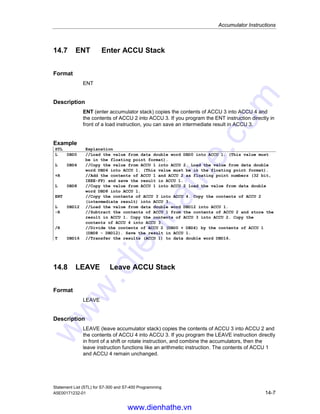Accumulator Instructions
Statement List (STL) for S7-300 and S7-400 Programming
14-6 A5E00171232-01
14.6 PUSH CPU with Four ACCUs
Format
PUSH
Description
PUSH (CPU with four ACCUs) copies the contents of ACCU 3 to ACCU 4, the
contents of ACCU 2 to ACCU 3, and the contents of ACCU 1 to ACCU 2. ACCU 1
remains unchanged. The instruction is executed without regard to, and without
affecting, the status bits.
Status word
BR CC 1 CC 0 OV OS OR STA RLO /FC
writes: - - - - - - - - -
Example
STL Explanation
L MW10 //Load the contents of MW10 into ACCU 1.
PUSH //Copy the entire contents of ACCU 1 to ACCU 2, the contents of ACCU 2 to
ACCU 3, and the contents of ACCU 3 to ACCU 4.
Contents ACCU 1 ACCU 2 ACCU 3 ACCU 4
before executing PUSH instruction value A value B value C value D
after executing PUSH instruction value A value A value B value C
www.dienhathe.vn
www.dienhathe.com
 