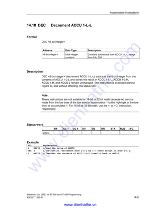 Accumulator Instructions
Statement List (STL) for S7-300 and S7-400 Programming
14-8 A5E00171232-01
14.9 INC Increment ACCU 1-L-L
Format
INC 8-bit integer
Parameter Data Type Description
8-bit integer 8-bit integer
constant
Constant added to ACCU 1-L-L; range from 0 to
255
Description
INC 8-bit integer (increment ACCU 1-L-L) adds the 8-bit integer to the contents
of ACCU 1-L-L and stores the result in ACCU 1-L-L. ACCU 1-L-H, ACCU 1-H, and
ACCU 2 remain unchanged. The instruction is executed without regard to, and
without affecting, the status bits.
Note
These instructions are not suitable for 16-bit or 32-bit math because no carry is
made from the low byte of the low word of accumulator 1 to the high byte of the low
word of accumulator 1. For 16-bit or 32-bit math, use the +I or +D. instruction,
respectively.
Status word
BR CC 1 CC 0 OV OS OR STA RLO /FC
writes: - - - - - - - - -
Example
STL Explanation
L MB22 //Load the value of MB22
INC 1 //Instruction Increment ACCU 1 (MB22) by 1; store result in ACCU 1-L-L
T MB22 //Transfer the contents of ACCU 1-L-L (result) back to MB22
www.dienhathe.vn
www.dienhathe.com
 