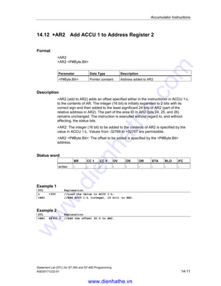 Accumulator Instructions
Statement List (STL) for S7-300 and S7-400 Programming
14-10 A5E00171232-01
14.11 +AR1 Add ACCU 1 to Address Register 1
Format
+AR1
+AR1 P#Byte.Bit
Parameter Data Type Description
P#Byte.Bitr Pointer constant Address added to AR1
Description
+AR1 (add to AR1) adds an offset specified either in the statement or in ACCU 1-L
to the contents of AR1. The integer (16 bit) is initially expanded to 24 bits with its
correct sign and then added to the least significant 24 bits of AR1 (part of the
relative address in AR1). The part of the area ID in AR1 (bits 24, 25, and 26)
remains unchanged. The instruction is executed without regard to, and without
affecting, the status bits.
+AR1: The integer (16 bit) to be added to the contents of AR1 is specified by the
value in ACCU 1-L. Values from -32768 to +32767 are permissible.
+AR1 P#Byte.Bit: The offset to be added is specified by the P#Byte.Bit
address.
Status word
BR CC 1 CC 0 OV OS OR STA RLO /FC
writes: - - - - - - - - -
Example 1
STL Explanation
L +300 //Load the value into ACCU 1-L
+AR1 //Add ACCU 1-L (integer, 16 bit) to AR1.
Example 2
STL Explanation
+AR1 P#300.0 //Add the offset 300.0 to AR1.
www.dienhathe.vn
www.dienhathe.com
 
