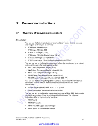 Comparison Instructions
Statement List (STL) for S7-300 and S7-400 Programming
2-4 A5E00171232-01
2.4 ? R Compare Floating-point Number (32-bit)
Format
==R, R, R, R, =R, =R
Description of instruction
The Compare Floating Point Number (32-bit, IEEE-FP) instructions compare the
contents of ACCU 2 with the contents of ACCU 1. The contents of ACCU 1 and
ACCU 2 are interpreted as floating-point numbers (32-bit, IEEE-FP). The result of
the comparison is indicated by the RLO and the setting of the relevant status word
bits. RLO = 1 indicates that the result of the comparison is true; RLO = 0 indicates
that the result of the comparison is false. The status word bits CC 1 and CC 0
indicate the relations ‘’less,” ‘’equal,” or ‘’greater.”
Status word
BR CC 1 CC 0 OV OS OR STA RLO /FC
writes: - x x x x 0 x x 1
RLO values
Comparison
instruction executed
RLO Result if
ACCU 2  ACCU 1
RLO Result if
ACCU 2 = ACCU 1
RLO Result if
ACCU 2  ACCU 1
==R 0 1 0
R 1 0 1
R 1 0 0
R 0 0 1
=R 1 1 0
=R 0 1 1
Example
STL Explanation
L MD10 //Load contents of MD10 (floating-point number).
L 1.359E+02 //Load the constant 1.359E+02.
R //Compare if ACCU 2 (MD10) is greater () than ACCU 1 (1.359-E+02).
= M 2.0 //RLO = 1 if MD10  1.359E+02.
www.dienhathe.vn
www.dienhathe.com
 