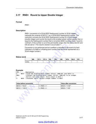 Conversion Instructions
Statement List (STL) for S7-300 and S7-400 Programming
3-16 A5E00171232-01
3.16 TRUNC Truncate
Format
TRUNC
Description
TRUNC (conversion of a 32-bit IEEE floating-point number to 32-bit integer)
interprets the contents of ACCU 1 as a 32-bit IEEE floating-point number. The
instruction converts the 32-bit IEEE floating-point number to a 32-bit integer
(double integer). The result is the whole number part of the floating-point number to
be converted (IEEE rounding mode round to zero). If the number is out of the
permissible range, then the status bits OV and OS are set to 1. The result is stored
in accumulator 1.
Conversion is not performed and an overflow indicated in the event of a fault
(utilization of a NaN or a floating-point number that cannot be represented as a
32-bit integer number).
Status word
BR CC 1 CC 0 OV OS OR STA RLO /FC
writes: - - - x x - - - -
Example
STL Explanation
L MD10 //Load the floating-point number into ACCU 1-L.
TRUN
C
//Convert the floating-point number (32-bit, IEEE-FP) to an integer
(32-bit) and round result. Store the result in ACCU 1.
T MD20 //Transfer result (double integer number) to MD20.
Value before conversion Value after conversion
MD10 = 100.5 = TRUNC = MD20 = +100
MD10 = -100.5 = TRUNC = MD20 = -100
www.dienhathe.vn
www.dienhathe.com
 