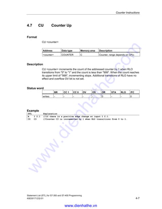 Counter Instructions
Statement List (STL) for S7-300 and S7-400 Programming
4-6 A5E00171232-01
4.6 S Set Counter Preset Value
Format
S counter
Address Data type Memory area Description
Counter COUNTER C Counter to be preset, range depends
on CPU.
Description
S counter loads the count from ACCU 1-L into the addressed counter when the
RLO transitions from 0 to 1. The count in ACCU 1 must be a BCD number
between 0 and 999.
Status word
BR CC 1 CC 0 OV OS OR STA RLO /FC
writes: - - - - - 0 - - 0
Example
STL Explanation
A I 2.3 //Check signal state at input I 2.3.
L C#3 //Load count value 3 into ACCU 1-L.
S C1 //Set counter C1 to count value if RLO transitions from 0 to 1.
www.dienhathe.vn
www.dienhathe.com
 