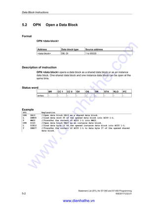 Statement List (STL) for S7-300 and S7-400 Programming
A5E00171232-01 5-1
5 Data Block Instructions
5.1 Overview of Data Block Instructions
Description
You can use the Open a Data Block (OPN) instruction to open a data block as a
shared data block or as an instance data block. The program itself can
accomodate one open shared data block and one open instance data block at the
same time.
The following Data Block instructions are available:
• OPN Open a Data Block
• CDB Exchange Shared DB and Instance DB
• L DBLG Load Length of Shared DB in ACCU 1
• L DBNO Load Number of Shared DB in ACCU 1
• L DILG Load Length of Instance DB in ACCU 1
• L DINO Load Number of Instance DB in ACCU 1
www.dienhathe.vn
www.dienhathe.com
 