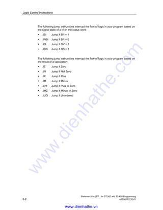 Statement List (STL) for S7-300 and S7-400 Programming
A5E00171232-01 6-1
6 Logic Control Instructions
6.1 Overview of Logic Control Instructions
Description
You can use the Jump instructions to control the flow of logic, enabling your
program to interrupt its linear flow to resume scanning at a different point. You can
use the LOOP instruction to call a program segment multiple times.
The address of a Jump or Loop instruction is a label. A jump label may be as many
as four characters, and the first character must be a letter. Jumps labels are
followed with a mandatory colon : and must precede the program statement in a
line.
Note
Please note for S7-300 CPU programs that the jump destination always
(not for 318-2) forms the beginning of a Boolean logic string in the case of jump
instructions. The jump destination must not be included in the logic string.
You can use the following jump instructions to interrupt the normal flow of your
program unconditionally:
• JU Jump Unconditional
• JL Jump to Labels
The following jump instructions interrupt the flow of logic in your program based on
the result of logic operation (RLO) produced by the previous instruction statement:
• JC Jump if RLO = 1
• JCN Jump if RLO = 0
• JCB Jump if RLO = 1 with BR
• JNB Jump if RLO = 0 with BR
www.dienhathe.vn
www.dienhathe.com
 
