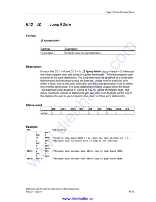 Logic Control Instructions
Statement List (STL) for S7-300 and S7-400 Programming
6-12 A5E00171232-01
6.11 JOS Jump if OS = 1
Format
JOS jump label
Address Description
jump label  Symbolic name of jump destination.
Description
If status bit OS is 1, JOS jump label interrupts the linear program scan and
jumps to a jump destination. The linear program scan resumes at the jump
destination. The jump destination is specified by a jump label. Both forward and
backward jumps are possible. Jumps may be executed only within a block, that is,
the jump instruction and the jump destination must lie within one and the same
block. The jump destination must be unique within this block. The maximum jump
distance is -32768 or +32767 words of program code. The actual maximum
number of statements you can jump over depends on the mix of the statements
used in your program (one-, two-, or three word statements).
Status word
BR CC 1 CC 0 OV OS OR STA RLO /FC
writes: - - - - 0 - - - -
Example
STL Explanation
L IW10
L MW12
*I
L DBW25
+I
L MW14
-I
JOS OVER //Jump if overflow in one of the three instructions during
calculation OS=1. (See Note).
T MW16 //Program scan continues here if jump is not executed.
A M 4.0
R M 4.0
JU NEXT
OVER: AN M 4.0 //Program scan resumes here after jump to jump label OVER.
S M 4.0
NEXT: NOP 0 //Program scan resumes here after jump to jump label NEXT.
Note
In this case do not use the JO instruction. The JO instruction would only check the
previous -I instruction if an overflow occurred.
www.dienhathe.vn
www.dienhathe.com
 