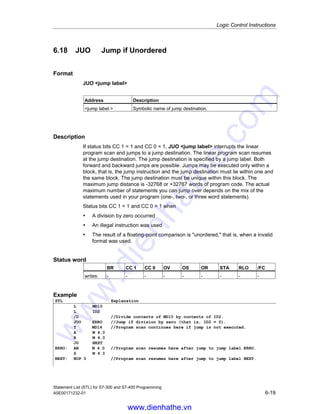 Logic Control Instructions
Statement List (STL) for S7-300 and S7-400 Programming
6-18 A5E00171232-01
6.17 JMZ Jump if Minus or Zero
Format
JMZ jump label
Address Description
jump label  Symbolic name of jump destination.
Description
If the result indicated by the status bits CC 1 and CC 0 is less than or equal to zero
(CC 1=0/CC 0=0 or CC 1=0/CC 0=1), JMZ jump label (jump if result = 0)
interrupts the linear program scan and jumps to a jump destination. The linear
program scan resumes at the jump destination. The jump destination is specified
by a jump label. Both forward and backward jumps are possible. Jumps may be
executed only within a block, that is, the jump instruction and the jump destination
must lie within one and the same block. The jump destination must be unique
within this block. The maximum jump distance is -32768 or +32767 words of
program code. The actual maximum number of statements you can jump over
depends on the mix of the statements used in your program (one-, two-, or three
word statements).
Status word
BR CC 1 CC 0 OV OS OR STA RLO /FC
writes: - - - - - - - - -
Example
STL Explanation
L IW8
L MW12
-I //Subtract contents of MW12 from contents of IW8.
JMZ RGE0 //Jump if result =0 (that is, contents of ACCU 1 = 0).
AN M 4.0 //Program scan continues here if jump is not executed.
S M 4.0
JU NEXT
RGE0: AN M 4.1 //Program scan resumes here after jump to jump label RGE0.
S M 4.1
NEXT: NOP 0 //Program scan resumes here after jump to jump label NEXT.
www.dienhathe.vn
www.dienhathe.com
 