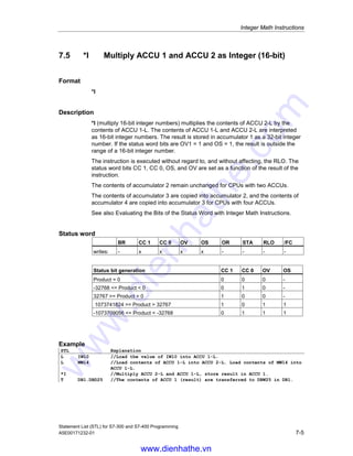Integer Math Instructions
Statement List (STL) for S7-300 and S7-400 Programming
7-4 A5E00171232-01
7.4 -I Subtract ACCU 1 from ACCU 2 as Integer (16-bit)
Format
-I
Description
-I (subtract 16-bit integer numbers) subtracts the contents of ACCU 1-L from the
contents of ACCU 2-L and stores the result in ACCU 1-L. The contents of ACCU 1-
L and ACCU 2-L are interpreted as 16-bit integer numbers. The instruction is
executed without regard to, and without affecting, the RLO. The status word bits
CC 1, CC 0, OS, and OV are set as a function of the result of the instruction. The
instruction produces a 16-bit integer number instead of an 32-bit integer number in
the event of an overflow/underflow.
The contents of accumulator 2 remain unchanged for CPUs with two ACCUs.
The contents of accumulator 3 are copied into accumulator 2, and the contents of
accumulator 4 are copied into accumulator 3 for CPUs with four ACCUs. The
contents of accumulator 4 remain unchanged.
See also Evaluating the Bits of the Status Word with Integer Math Instructions.
Status word
BR CC 1 CC 0 OV OS OR STA RLO /FC
writes: - x x x x - - - -
Status bit generation CC 1 CC 0 OV OS
Difference = 0 0 0 0 -
-32768 = Difference  0 0 1 0 -
32767 = Difference  0 1 0 0 -
65535 = Difference  32767 0 1 1 1
-65535 = Difference  -32768 1 0 1 1
Example
STL Explanation
L IW10 //Load the value of IW10 into ACCU 1-L.
L MW14 //Load the contents of ACCU 1-L into ACCU 2-L. Load the value of MW14
into ACCU 1-L.
-I //Subtract ACCU 1-L from ACCU 2-L; store the result in ACCU 1- L.
T DB1.DBW25 //The contents of ACCU 1-L (result) are transferred to DBW25 of DB1.
www.dienhathe.vn
www.dienhathe.com
 