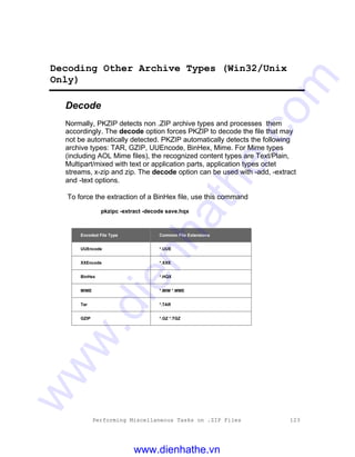 Performing Miscellaneous Tasks on .ZIP Files 123
Decoding Other Archive Types (Win32/Unix
Only)
Decode
Normally, PKZIP detects non .ZIP archive types and processes them
accordingly. The decode option forces PKZIP to decode the file that may
not be automatically detected. PKZIP automatically detects the following
archive types: TAR, GZIP, UUEncode, BinHex, Mime. For Mime types
(including AOL Mime files), the recognized content types are Text/Plain,
Multipart/mixed with text or application parts, application types octet
streams, x-zip and zip. The decode option can be used with -add, -extract
and -text options.
To force the extraction of a BinHex file, use this command
pkzipc -extract -decode save.hqx
Encoded File Type Common File Extensions
UUEncode *.UUE
XXEncode *.XXE
BinHex *.HQX
MIME *.MIM *.MME
Tar *.TAR
GZIP *.GZ *.TGZ
www.dienhathe.vn
www.dienhathe.com
 