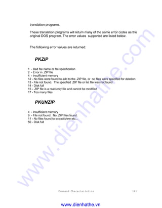 Command Characteristics 141
translation programs.
These translation programs will return many of the same error codes as the
original DOS program. The error values supported are listed below.
The following error values are returned:
PKZIP
1 - Bad file name or file specification
2 - Error in .ZIP file
4 - Insufficient memory
12 - No files were found to add to the .ZIP file, or no files were specified for deletion
13 - File not found. The specified .ZIP file or list file was not found
14 - Disk full
15 - .ZIP file is a read-only file and cannot be modified
17 - Too many files
PKUNZIP
4 - Insufficient memory
9 - File not found. No .ZIP files found.
11 - No files found to extract/view etc...
50 - Disk full
www.dienhathe.vn
www.dienhathe.com
 