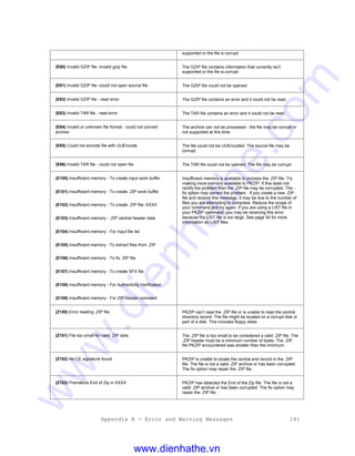 Appendix B - Error and Warning Messages 181
supported or the file is corrupt.
(E60) Invalid GZIP file -invalid gzip file The GZIP file contains information that currently isn't
supported or the file is corrupt.
(E61) Invalid GZIP file -could not open source file The GZIP file could not be opened.
(E62) Invalid GZIP file - read error The GZIP file contains an error and it could not be read.
(E63) Invalid TAR file - read error The TAR file contains an error and it could not be read.
(E64) Invalid or unknown file format - could not convert
archive
The archive can not be processed - the file may be corrupt or
not supported at this time.
(E65) Could not encode file with UUEncode The file could not be UUEncoded. The source file may be
corrupt.
(E66) Invalid TAR file - could not open file The TAR file could not be opened. The file may be corrupt.
(E100) Insufficient memory - To create input work buffer
(E101) Insufficient memory - To create .ZIP work buffer
(E102) Insufficient memory - To create .ZIP file: XXXX
(E103) Insufficient memory - .ZIP central header data
(E104) Insufficient memory - For input file list
(E105) Insufficient memory - To extract files from .ZIP
(E106) Insufficient memory - To fix .ZIP file
(E107) Insufficient memory - To create SFX file
(E108) Insufficient memory - For Authenticity Verification
(E109) Insufficient memory - For ZIP header comment
Insufficient memory is available to process the .ZIP file. Try
making more memory available to PKZIP. If this does not
rectify the problem then the .ZIP file may be corrupted. The -
fix option may correct the problem. If you create a new .ZIP
file and receive this message, it may be due to the number of
files you are attempting to compress. Reduce the scope of
your command and try again. If you are using a LIST file in
your PKZIP command, you may be receiving this error
because the LIST file is too large. See page 54 for more
information on LIST files.
(Z150) Error reading .ZIP file PKZIP can’t read the .ZIP file or is unable to read the central
directory record. The file might be located on a corrupt disk or
part of a disk. This includes floppy disks.
(Z151) File too small for valid .ZIP data The .ZIP file is too small to be considered a valid .ZIP file. The
.ZIP header must be a minimum number of bytes. The .ZIP
file PKZIP encountered was smaller than the minimum.
(Z152) No CE signature found PKZIP is unable to locate the central end record in the .ZIP
file. The file is not a valid .ZIP archive or has been corrupted.
The fix option may repair the .ZIP file.
(Z153) Premature End of Zip in XXXX PKZIP has detected the End of the Zip file. The file is not a
valid .ZIP archive or has been corrupted. The fix option may
repair the .ZIP file.
www.dienhathe.vn
www.dienhathe.com
 